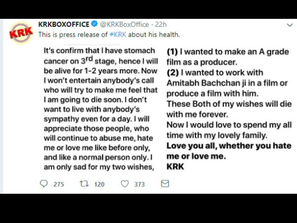 Kamaal R Khan Claims He Has Stomach Cancer