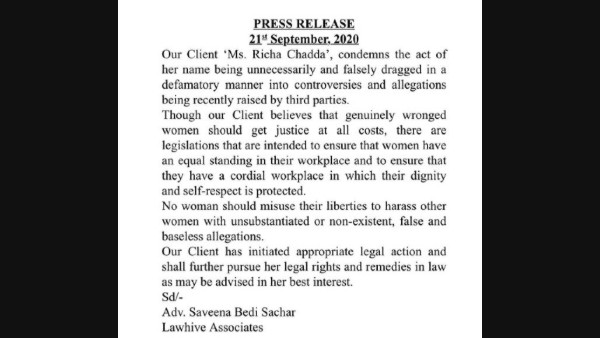 Richa Chadha Condemned The Act Of Her Name Falsely Being Dragged In A Derogatory Manner