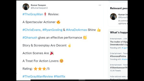 The Gray Man Twitter Review: Chris Evans, Ryan Gosling, Dhanush Impress The Audiences The Gray Man Twitter Review: Chris Evans, Ryan Gosling, Dhanush Impress The Audiences