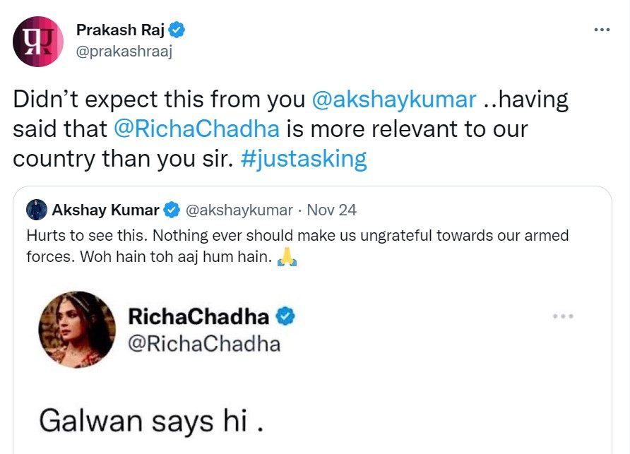 प्रकाश राज ने अक्षय कुमार ऋचा चड्ढा गलवान को किया ट्रोल प्रकाश राज ने अक्षय कुमार ऋचा चड्ढा गलवान को किया ट्रोल
