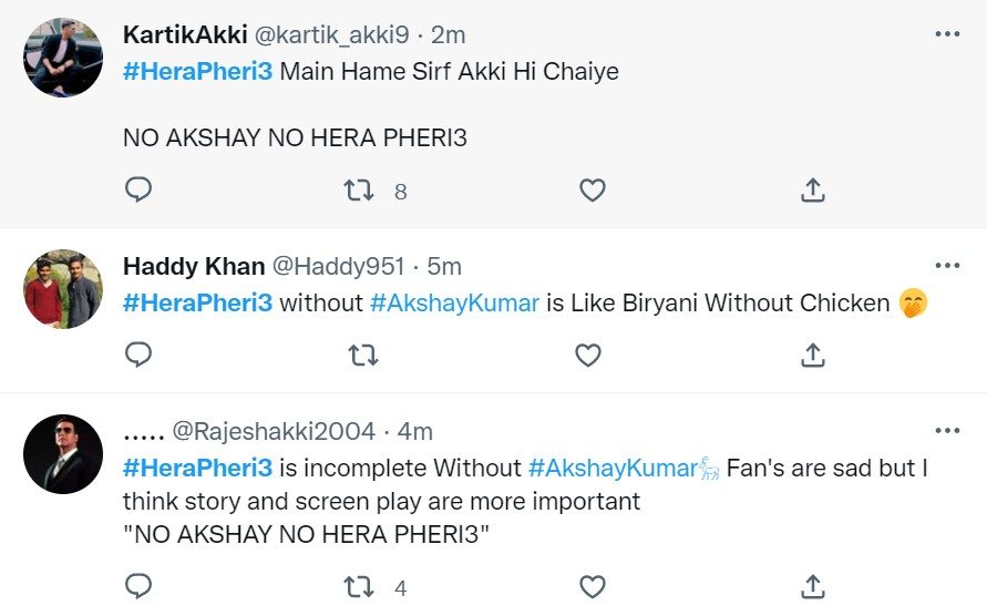 कार्तिक आर्यन ने हेरा फेरी 3 में अक्षय कुमार की जगह ली हेरा फेरी 3 में अक्षय कुमार की जगह कार्तिक आर्यन